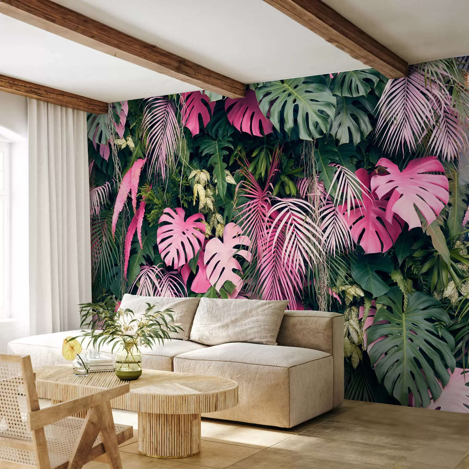 murales de pared Follaje verde y rosa u79682