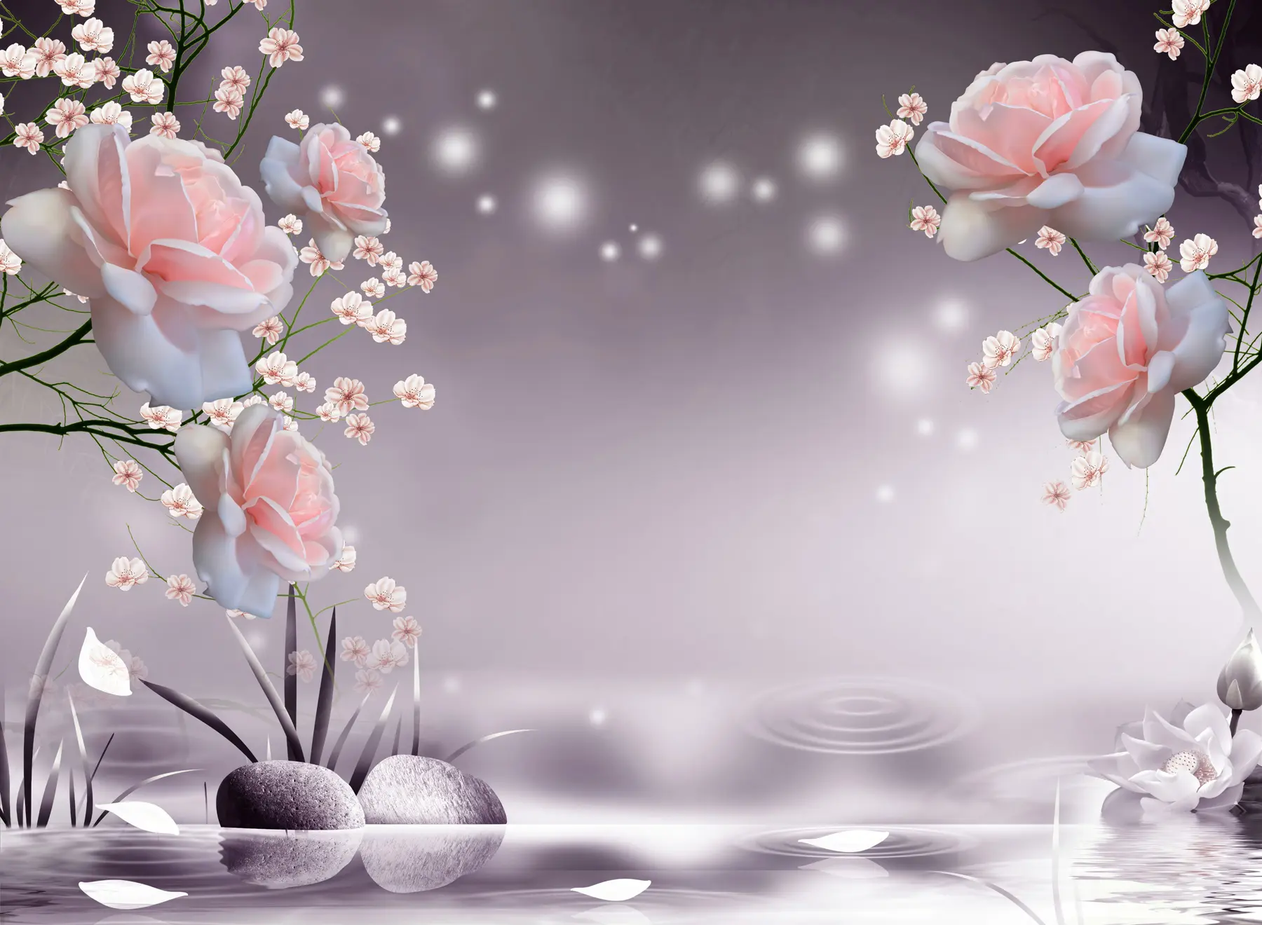 murales de pared Rosas en ondas de agua u01045