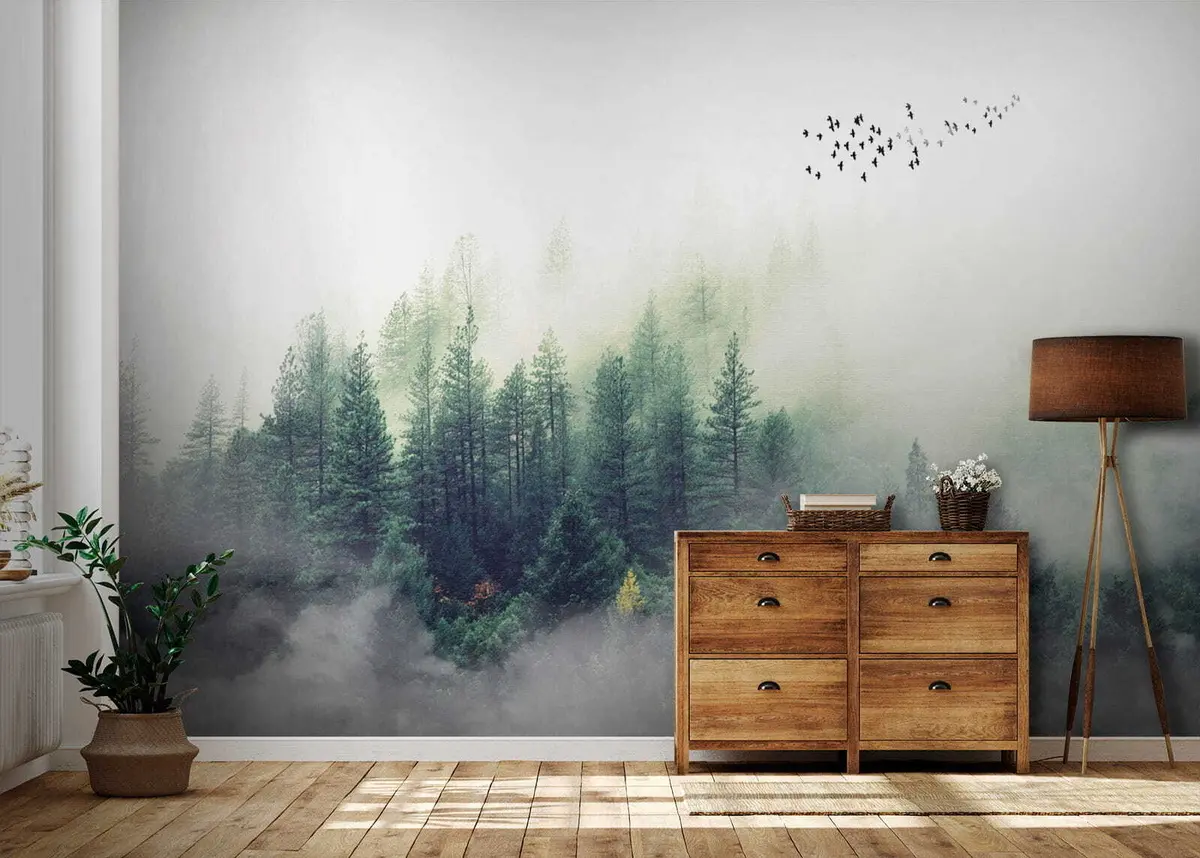 murales de pared Bosque y pájaros en la niebla. u10882