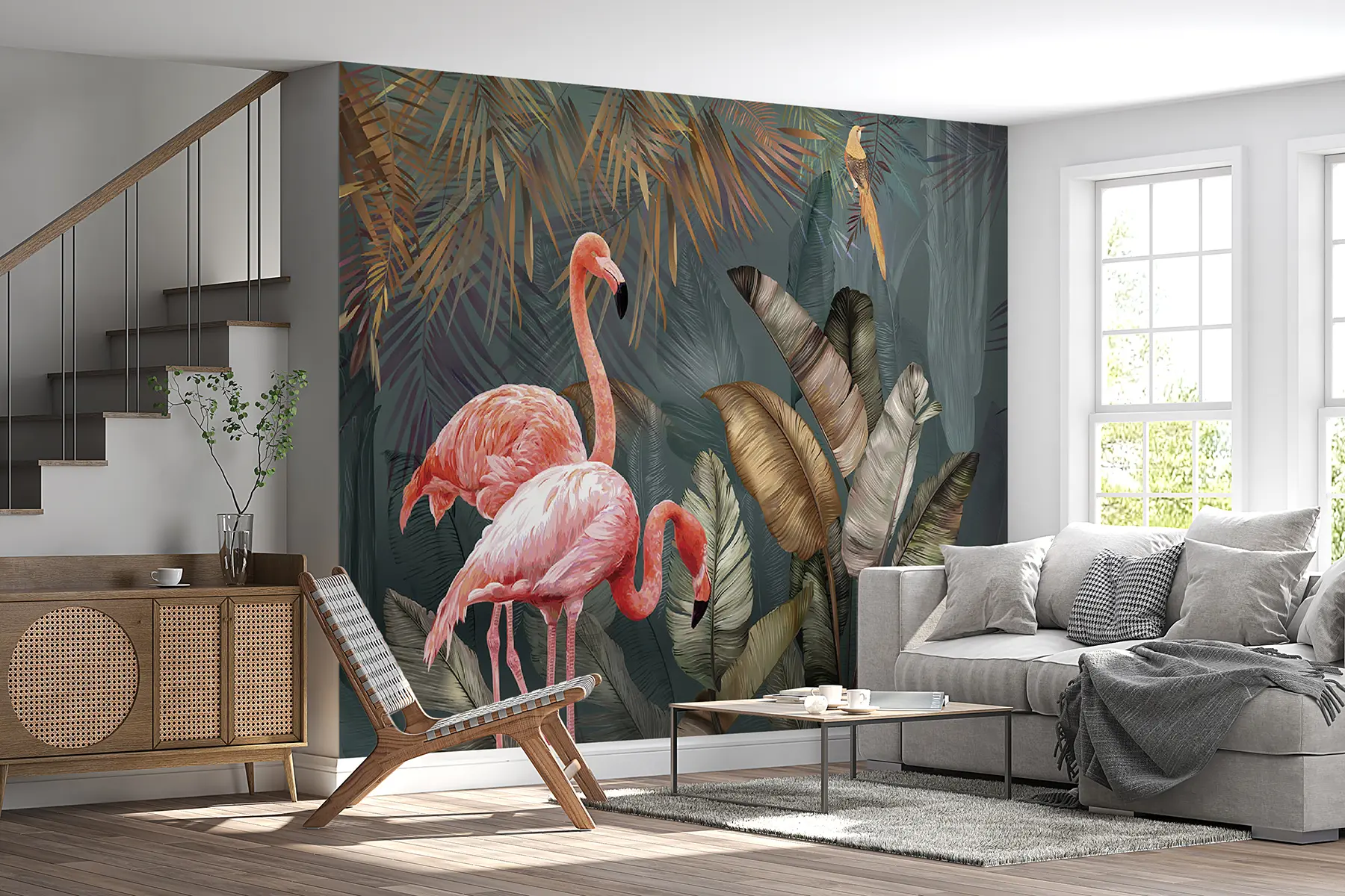 murales de pared Flamencos en el bosque tropical u21344