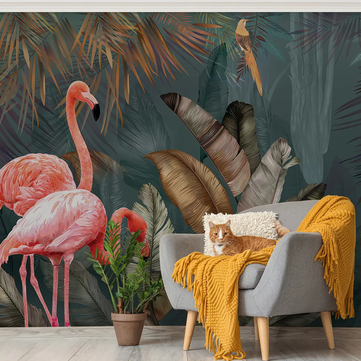 murales de pared Flamencos en el bosque tropical u21344