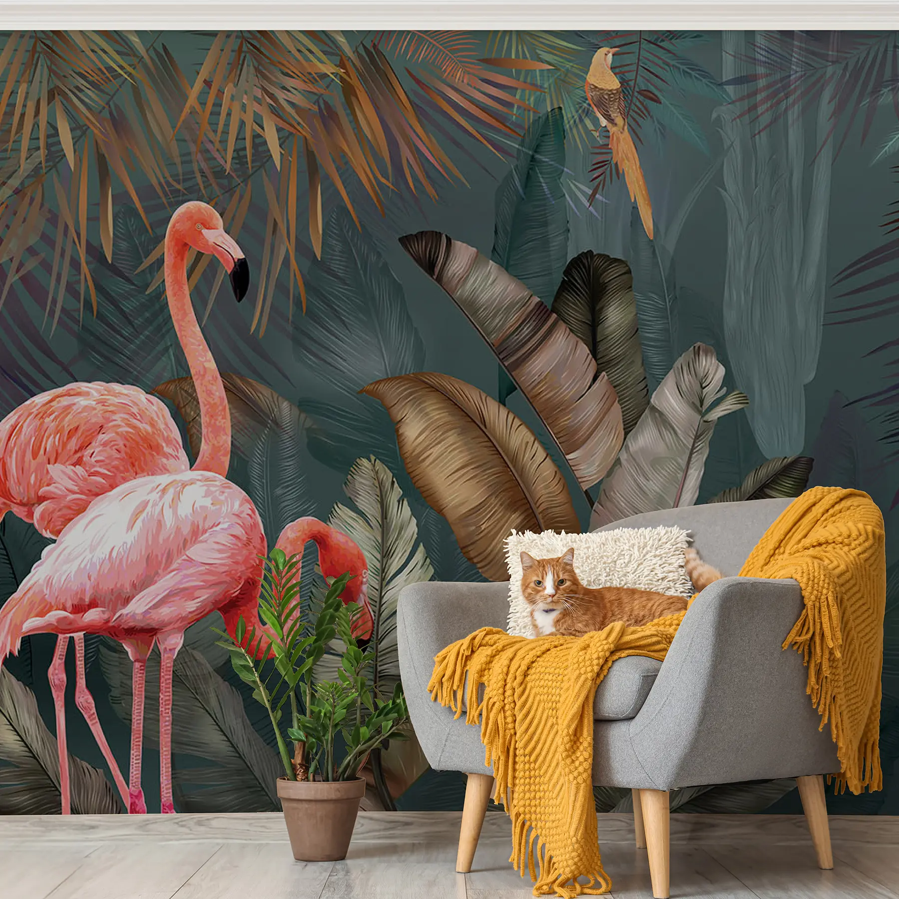 murales de pared Flamencos en el bosque tropical u21344