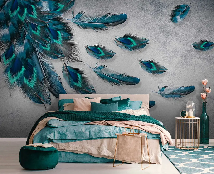 murales de pared Plumas de pavo real en el fondo de la pared de hormigón u29836