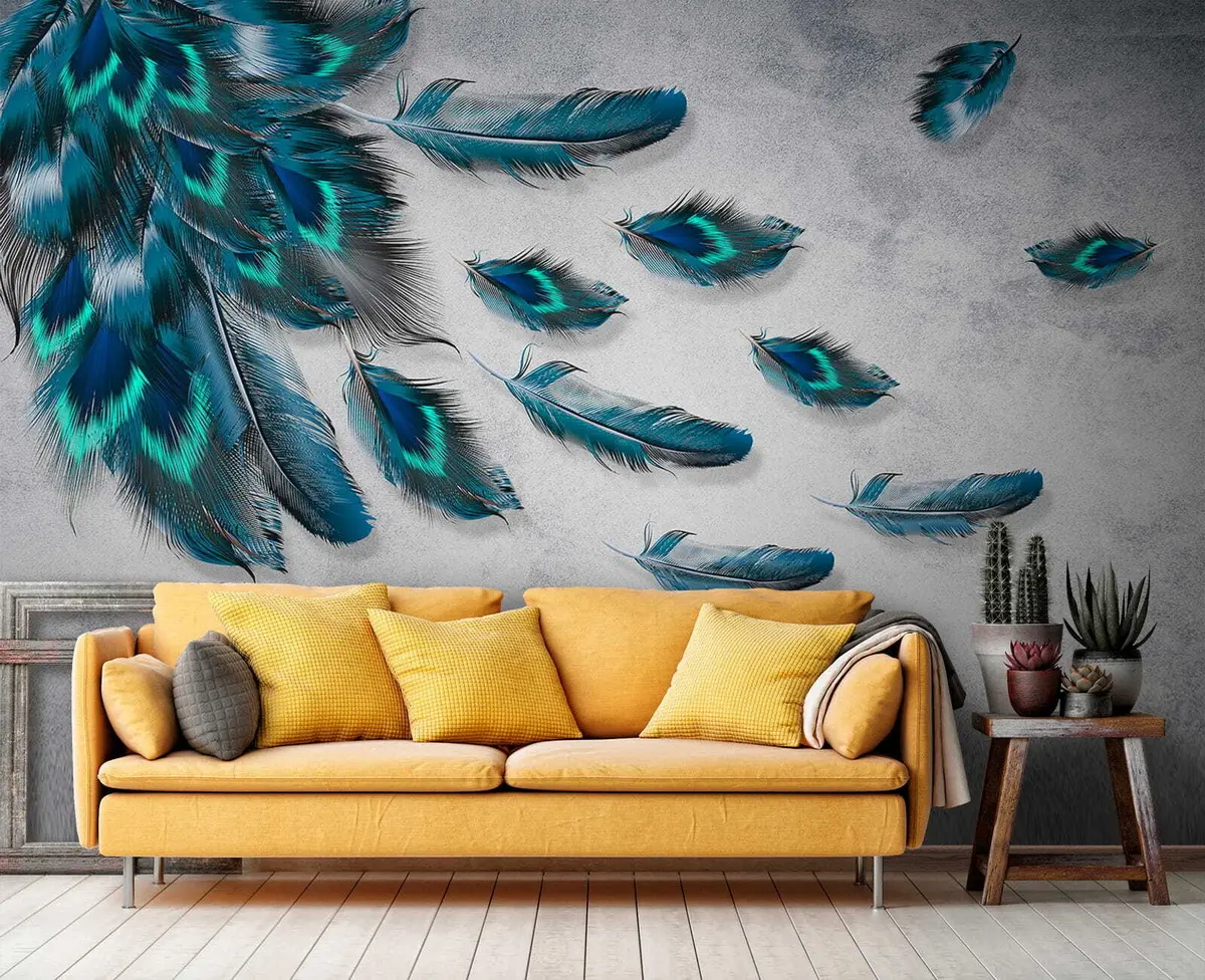 Murales de pared Plumas de pavo real en el fondo de la pared de hormigón u29836 murales de pared Plumas de pavo real en el fondo de la pared de hormigón u29836