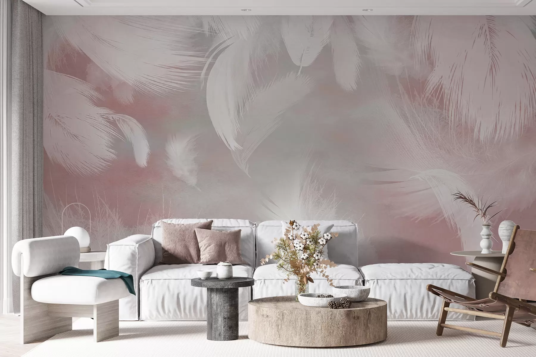 murales de pared Plumas blancas sobre fondo rosa u41755