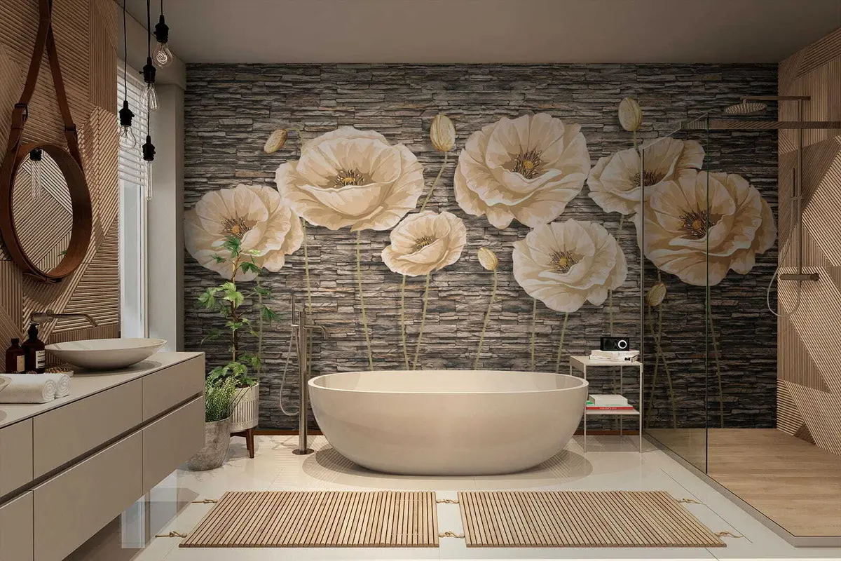 murales de pared Flores en el fondo de un muro de piedra u41855