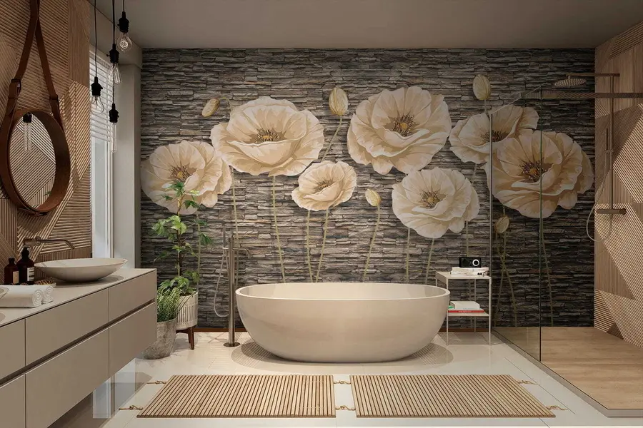 murales de pared Flores en el fondo de un muro de piedra u41855