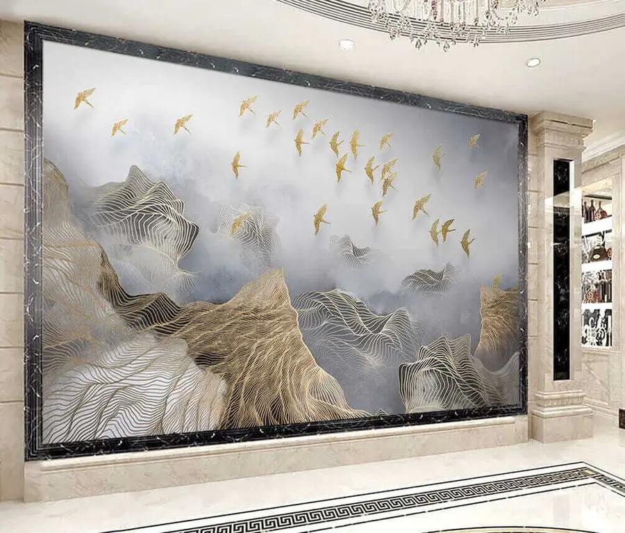Murales de pared Un maravilloso paisaje con montañas y pájaros se dibuja a partir de finas líneas u44870 murales de pared Un maravilloso paisaje con montañas y pájaros se dibuja a partir de finas líneas u44870