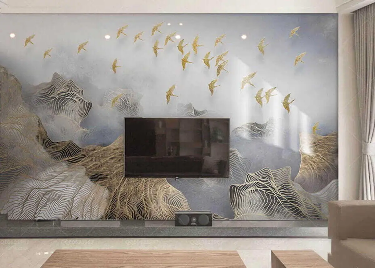 Murales de pared Un maravilloso paisaje con montañas y pájaros se dibuja a partir de finas líneas u44870 murales de pared Un maravilloso paisaje con montañas y pájaros se dibuja a partir de finas líneas u44870