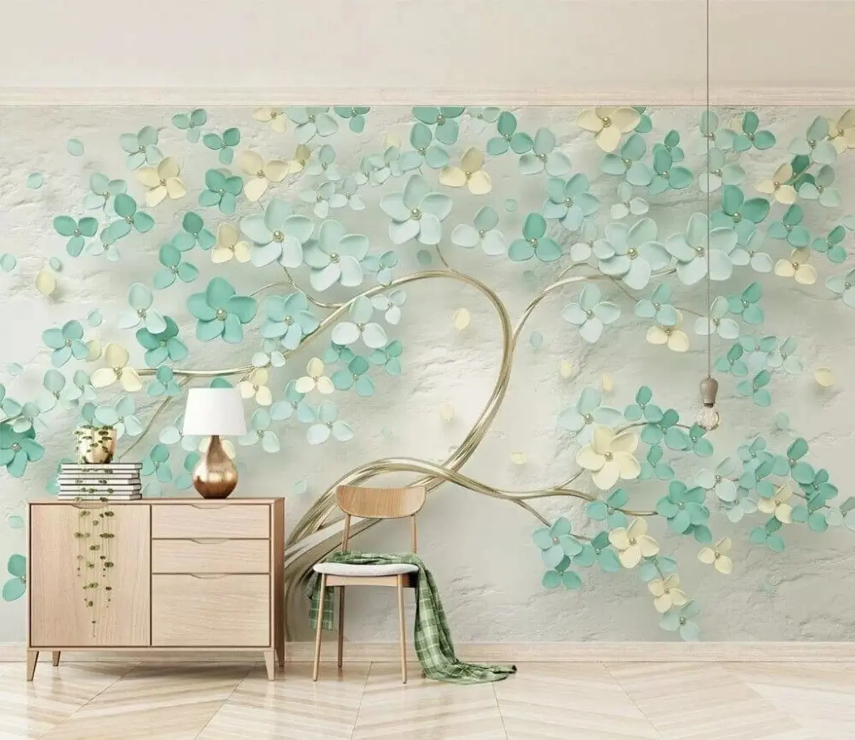 murales de pared Árbol dorado con flores azules u52550