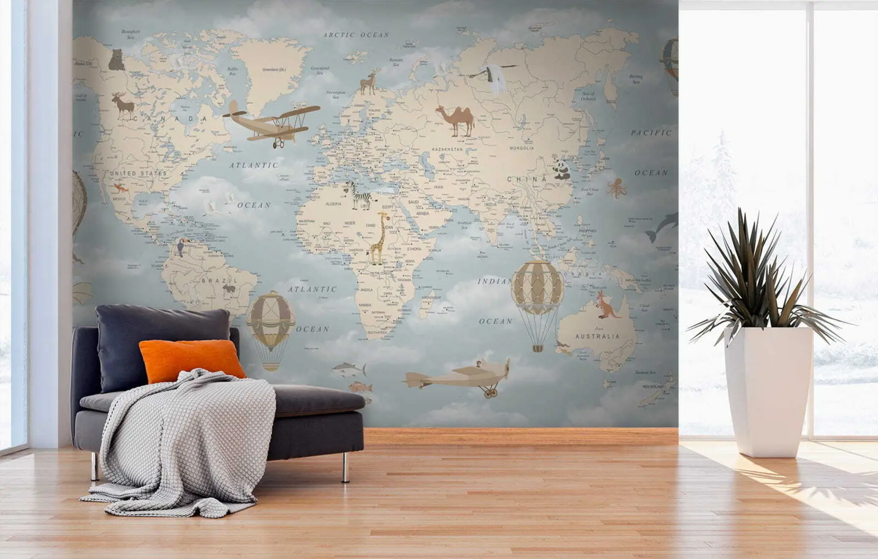 murales de pared Mapa infantil del mundo con aviones u60135