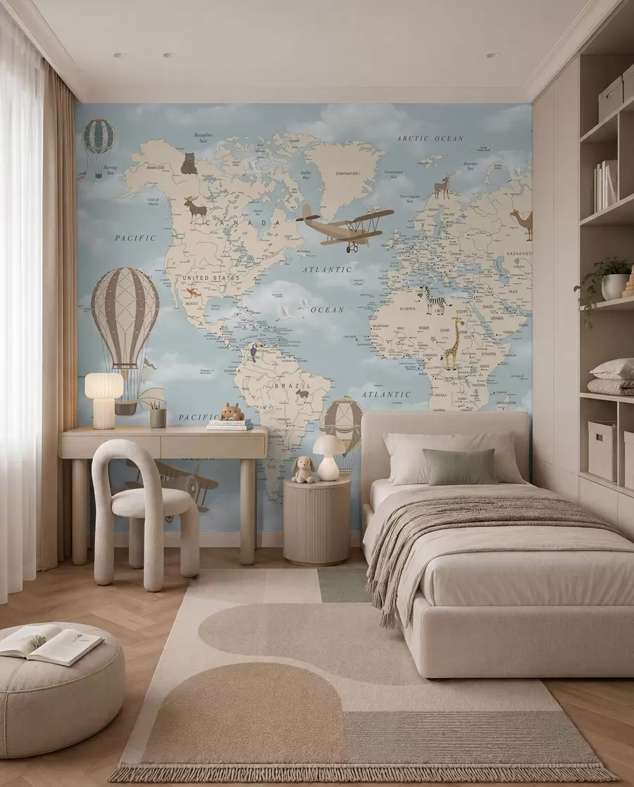 murales de pared Mapa infantil del mundo con aviones u60135