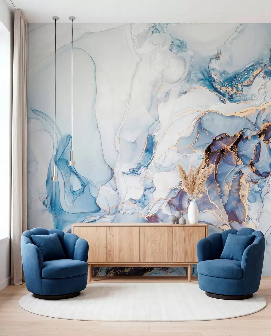 murales de pared Mármol blanco azul, fluido u70767