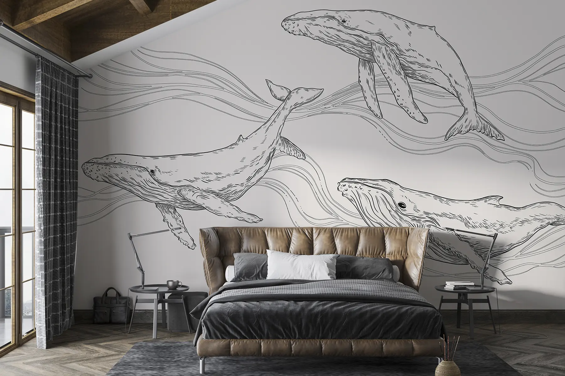 murales de pared Ballenas en el océano, animales marinos, arte lineal, minimalismo, colores blanco y negro u99733v4