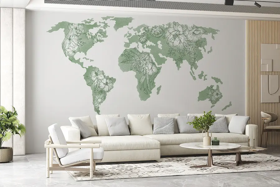 Murales de pared Mapamundi floral, ornamental, peonías, lirio, color verde, dibujo lineal arte u99734v3 murales de pared Mapamundi floral, ornamental, peonías, lirio, color verde, dibujo lineal arte u99734v3