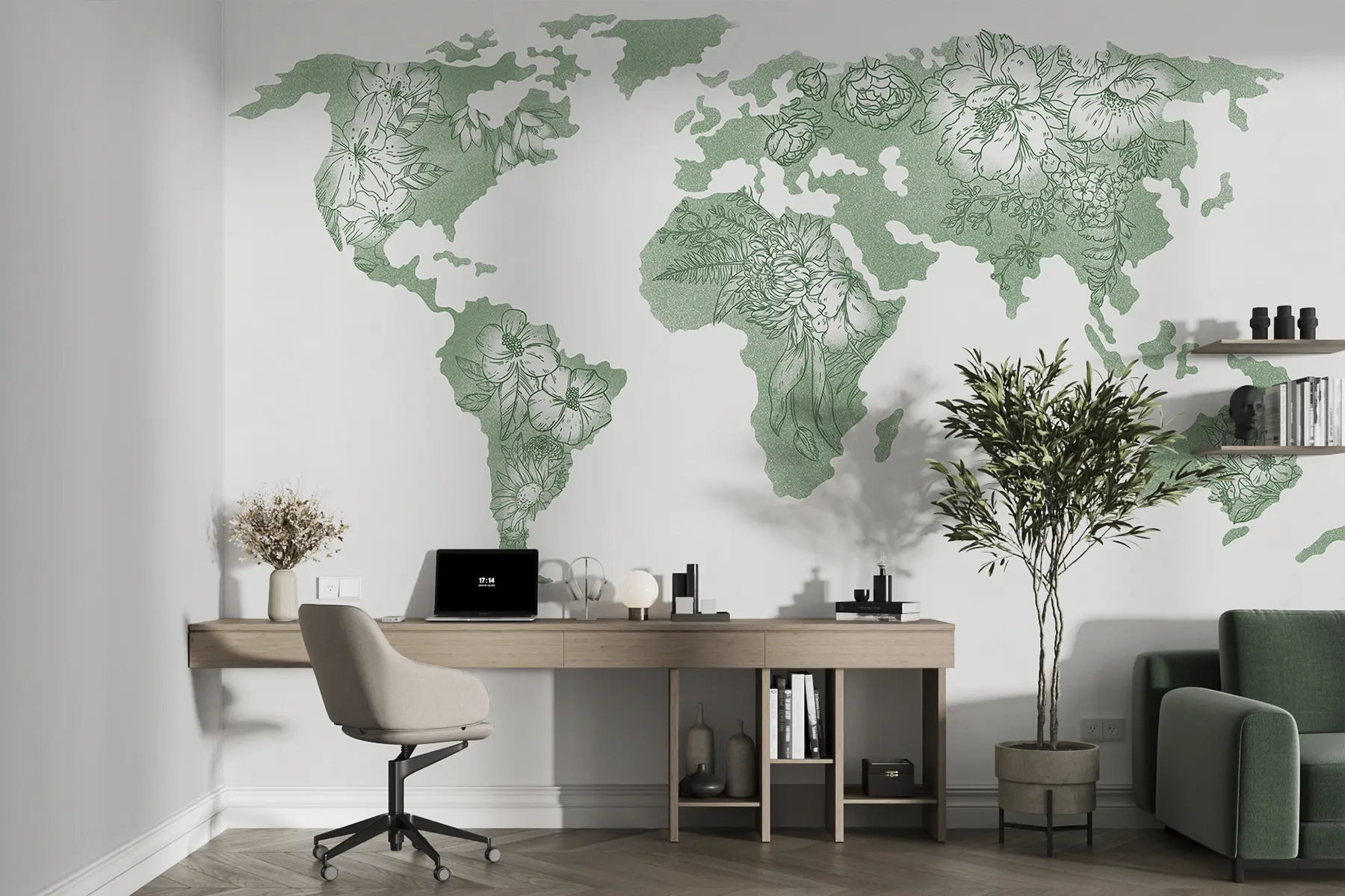 murales de pared Mapamundi floral, ornamental, peonías, lirio, color verde, dibujo lineal arte u99734v3