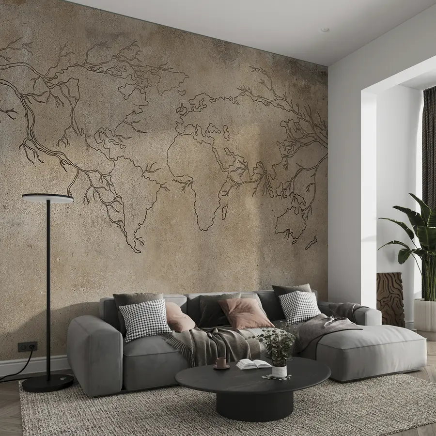 Murales de pared Mapa del mundo, ramas de árboles, dibujo lineal, minimalismo, fondo de naturaleza, beige u99736 murales de pared Mapa del mundo, ramas de árboles, dibujo lineal, minimalismo, fondo de naturaleza, beige u99736