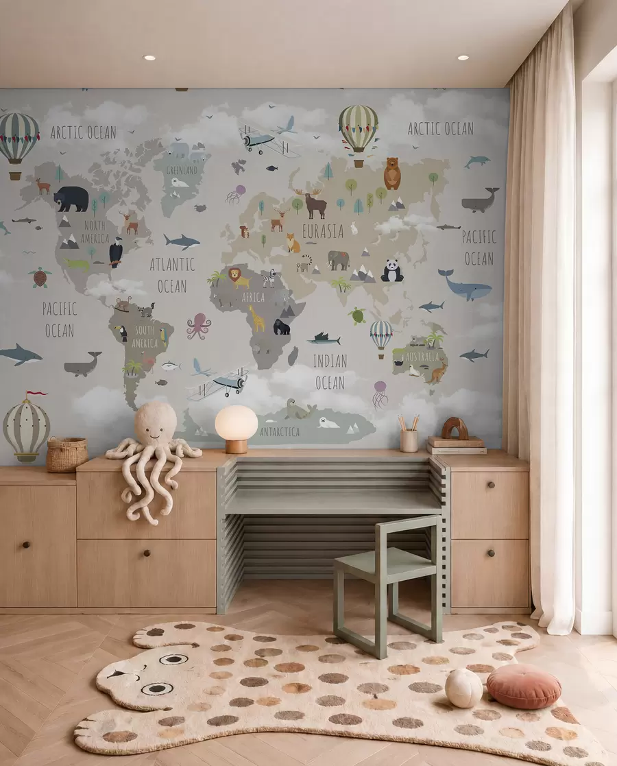 murales de pared Mapamundi con animales y globos u96461d1