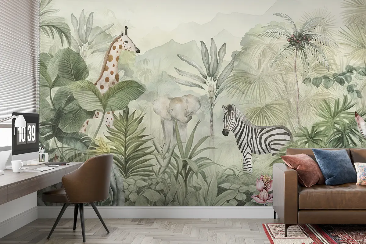 murales de pared Selva, palmeras, jirafa, elefante, cebra, acuarela, vegetación, platanero, flores w00089