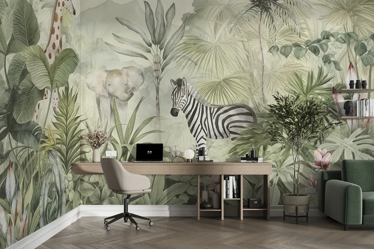 murales de pared Selva, palmeras, jirafa, elefante, cebra, acuarela, vegetación, platanero, flores w00089