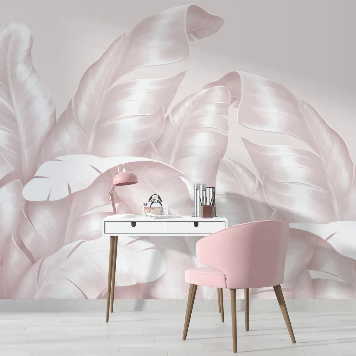 murales de pared Hojas clásicas en tonos rosas de forma cuadrada w00019d1v4