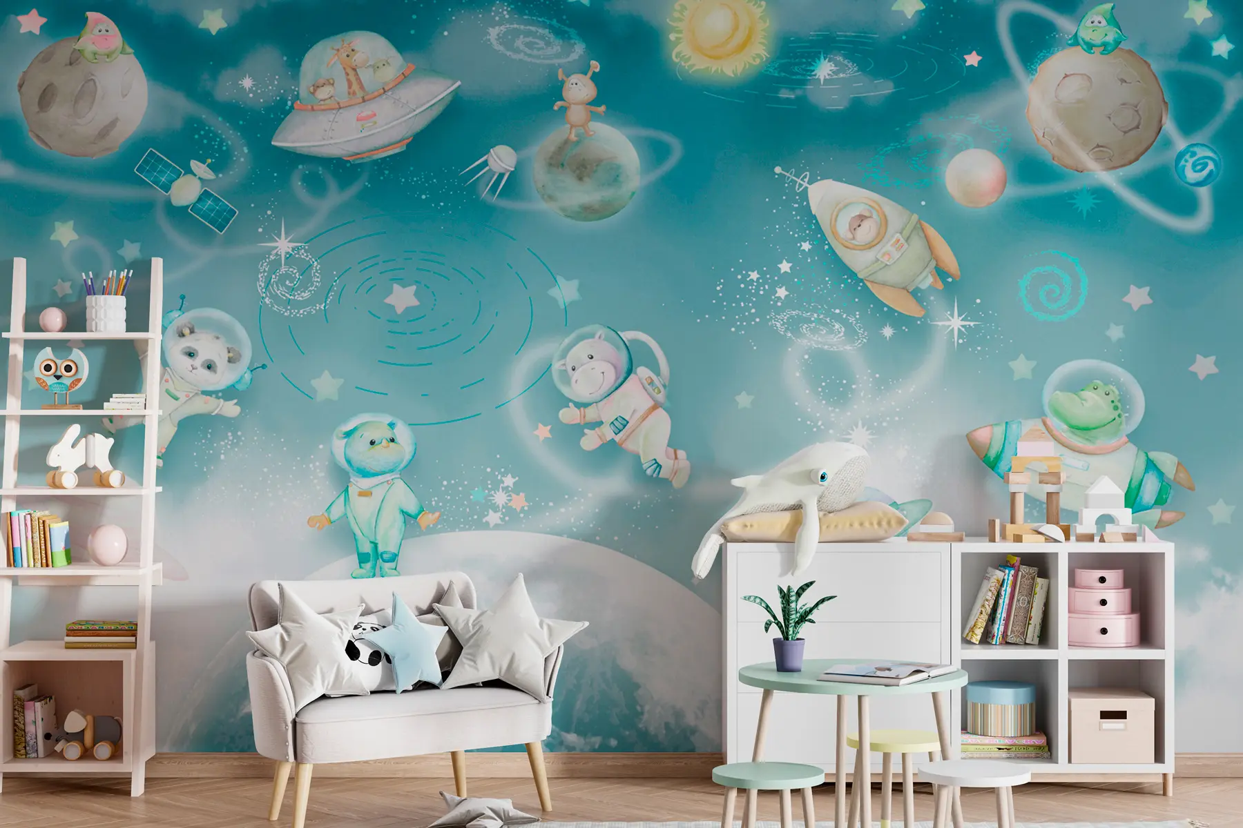 murales de pared Aventuras cósmicas y galácticas de los animales de los astronautas w00343