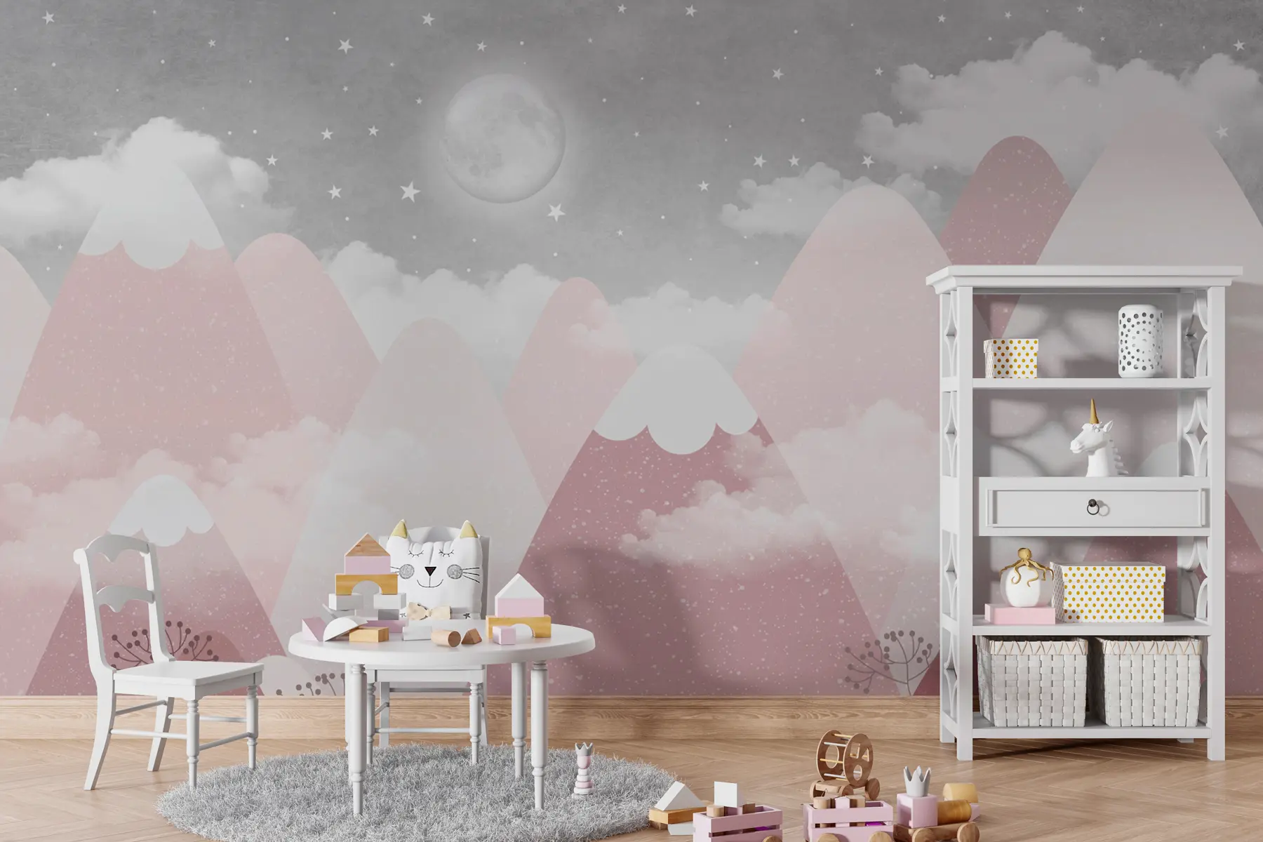 murales de pared Luna sobre montañas nevadas ilustración infantil w00374