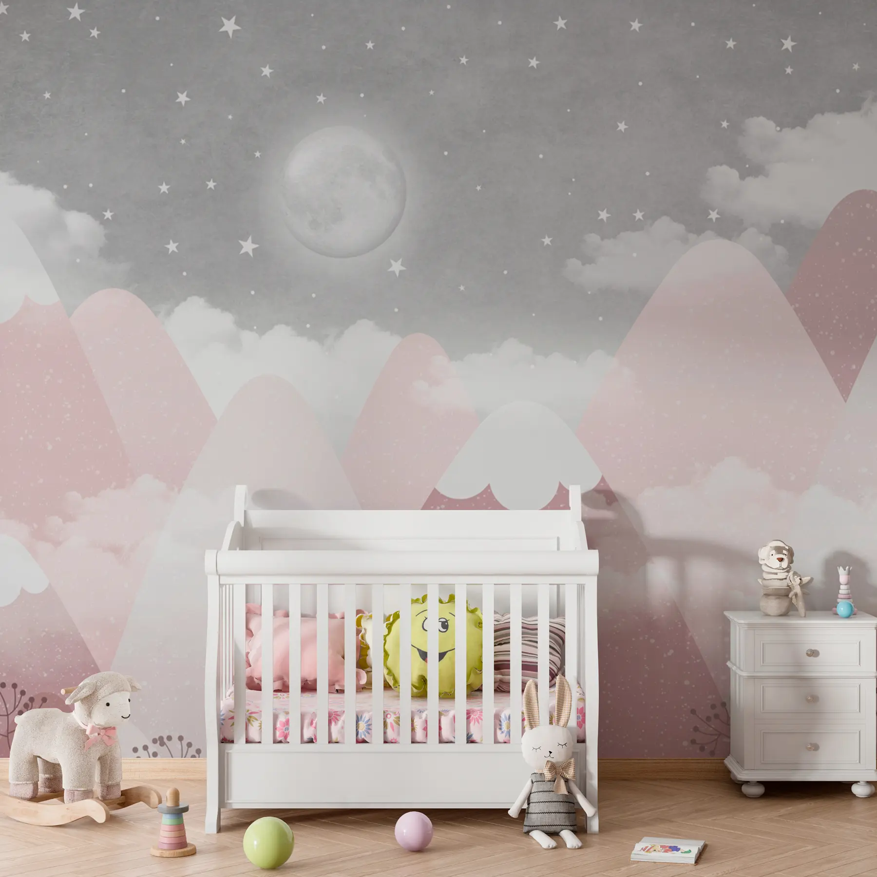 murales de pared Luna sobre montañas nevadas ilustración infantil w00374