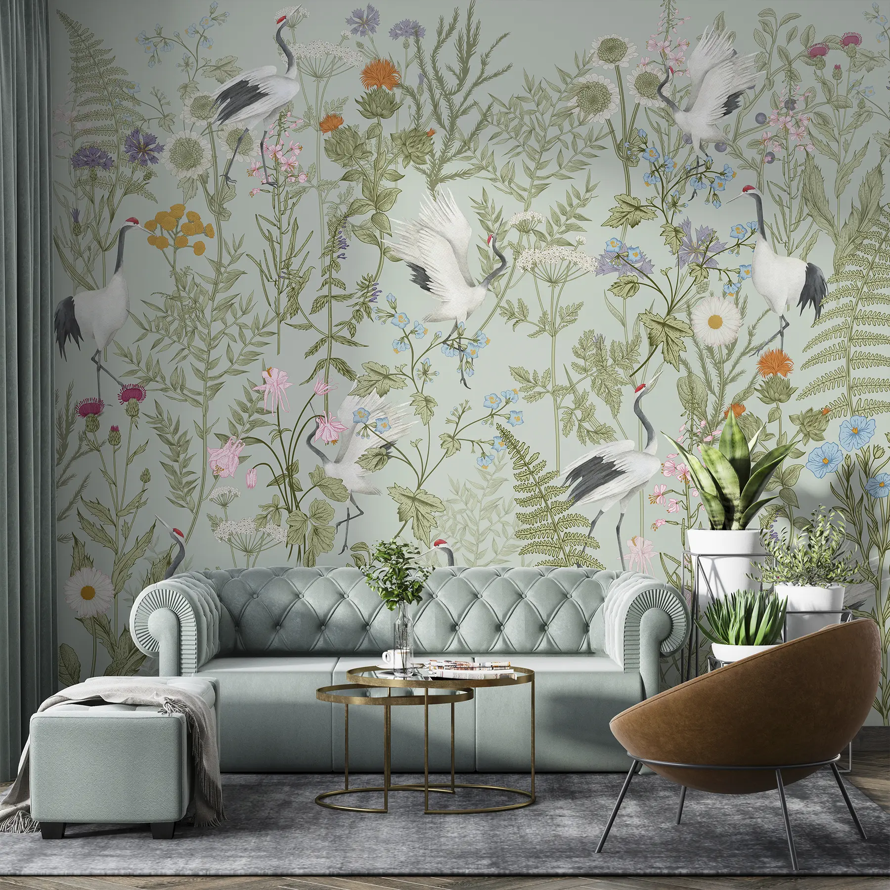 murales de pared Adorno de flores con pájaros, estilo rústico, botánico, prado, fondo azul w00380v4