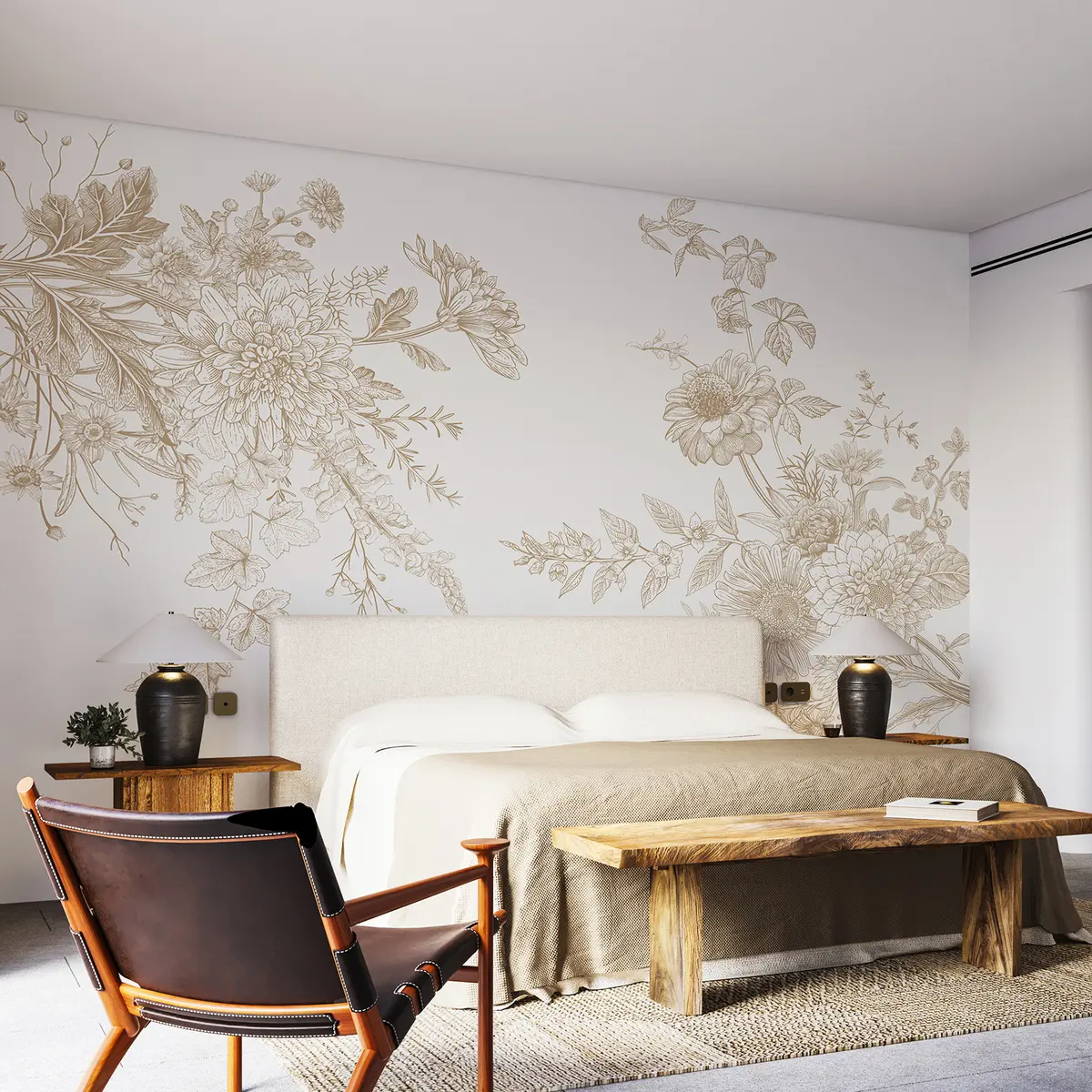 murales de pared Adorno floral, minimalismo, arte lineal, estilo boho, rústico, peonía, margarita, colores beige, prado w00381v4
