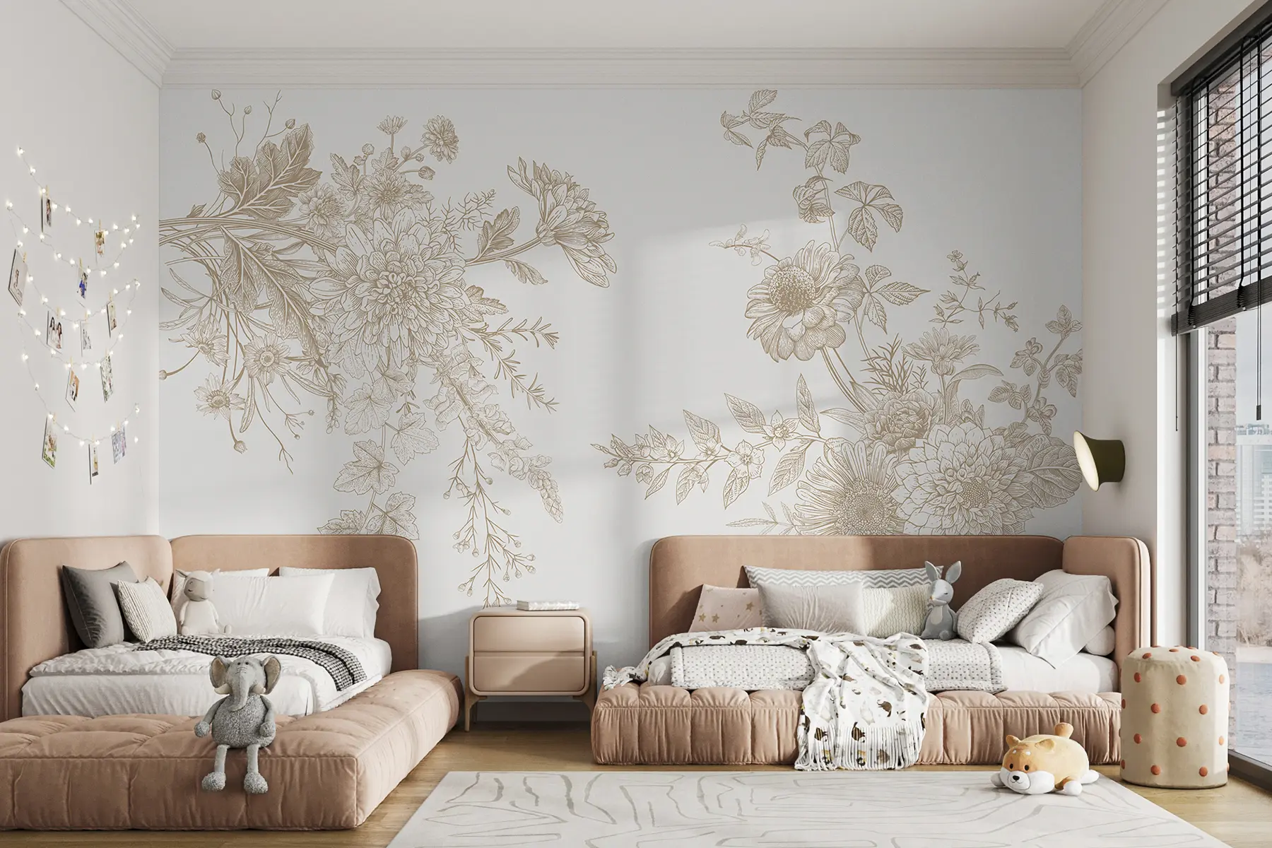 murales de pared Adorno floral, minimalismo, arte lineal, estilo boho, rústico, peonía, margarita, colores beige, prado w00381v4