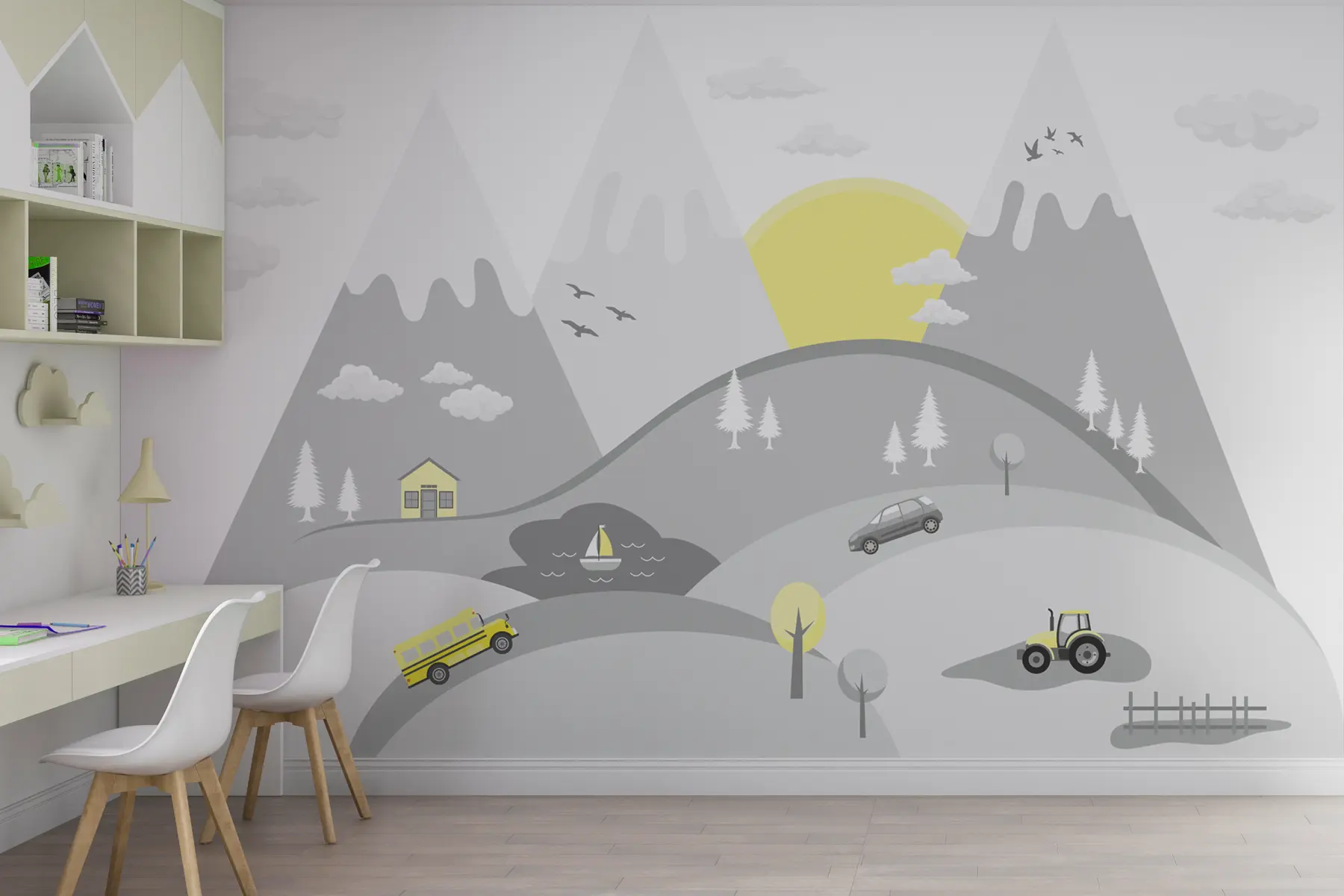 murales de pared Montañas, sol y coches para habitación infantil w00219
