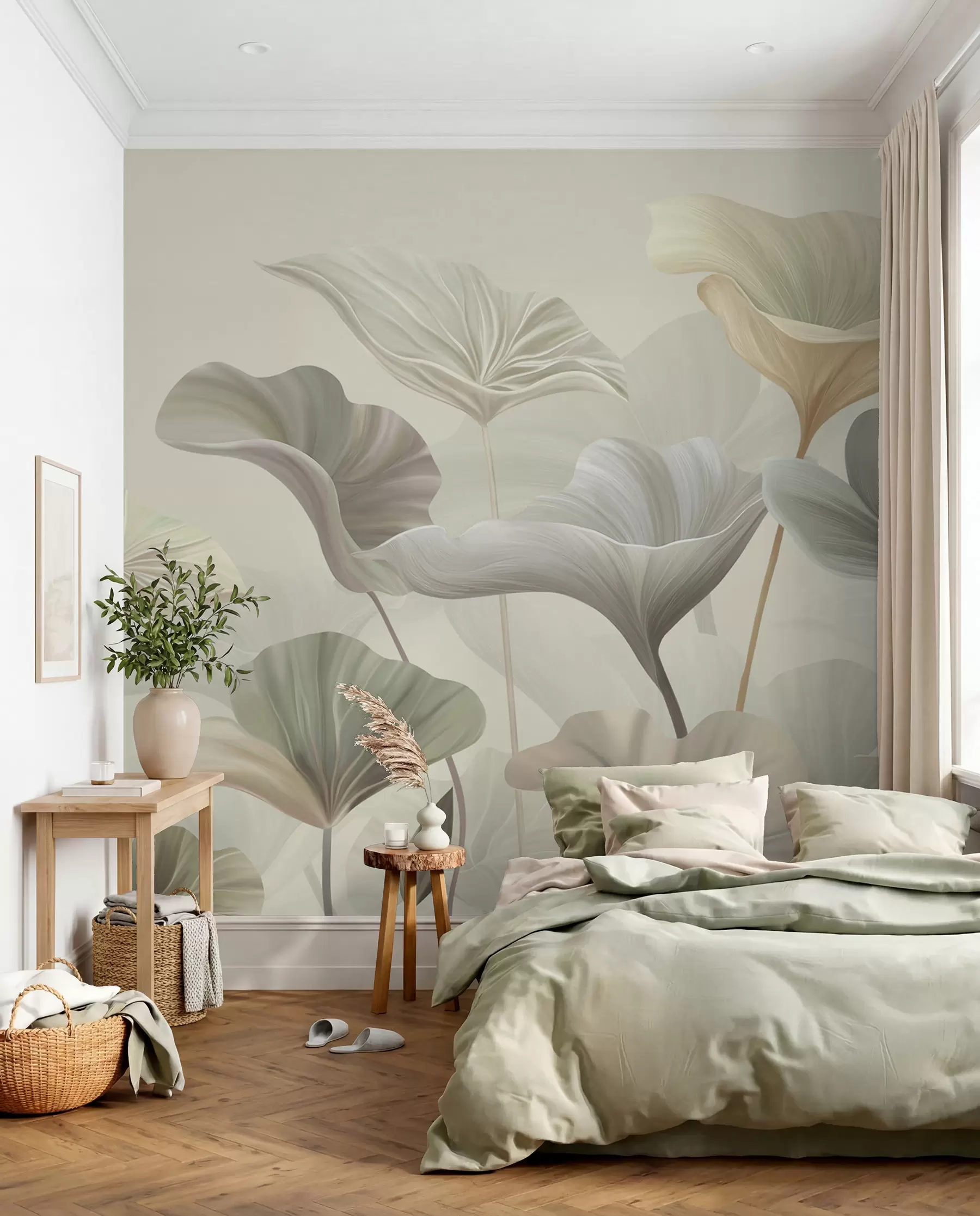 murales de pared Hermosas hojas grandes en colores delicados w00385