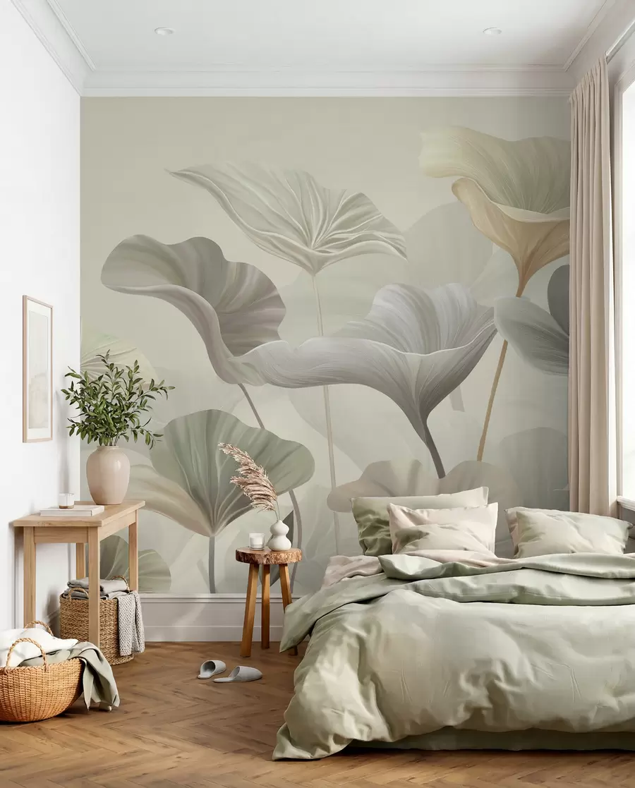 murales de pared Hermosas hojas grandes en colores delicados w00385