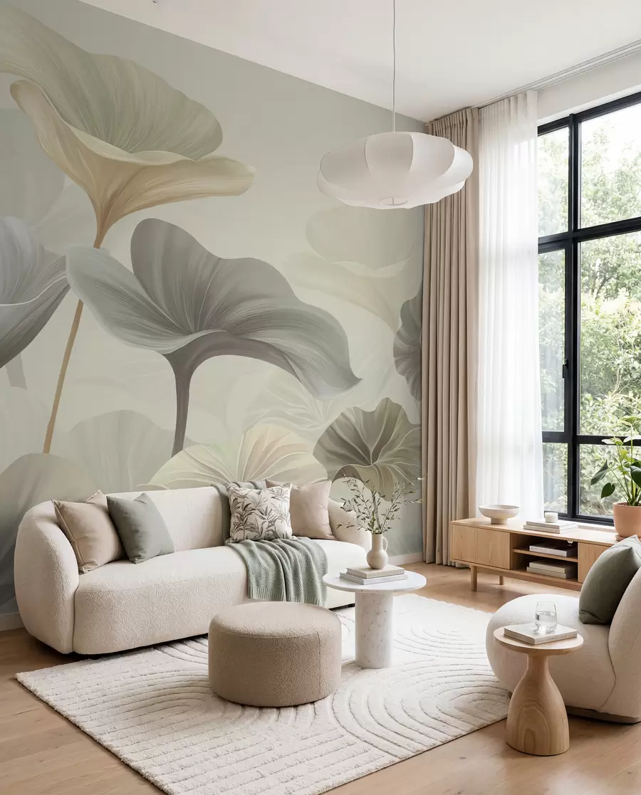 murales de pared Hermosas hojas grandes en colores delicados w00385