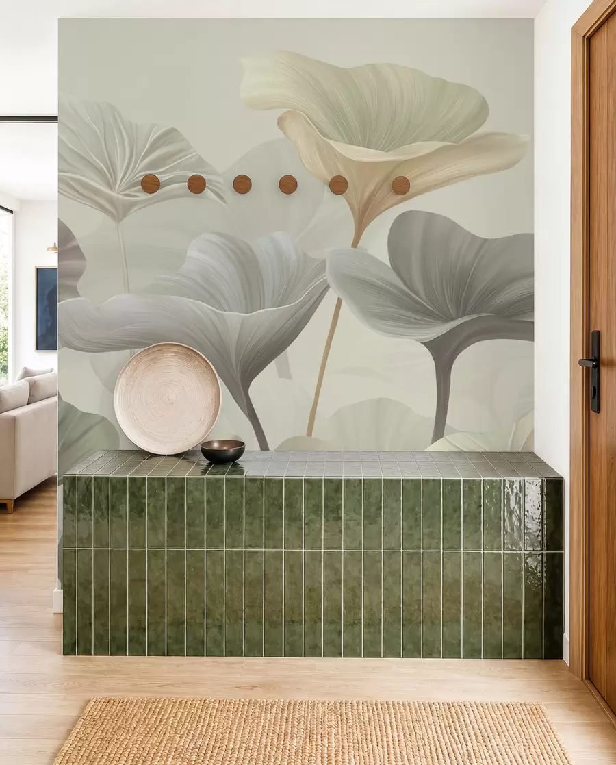 murales de pared Hermosas hojas grandes en colores delicados w00385