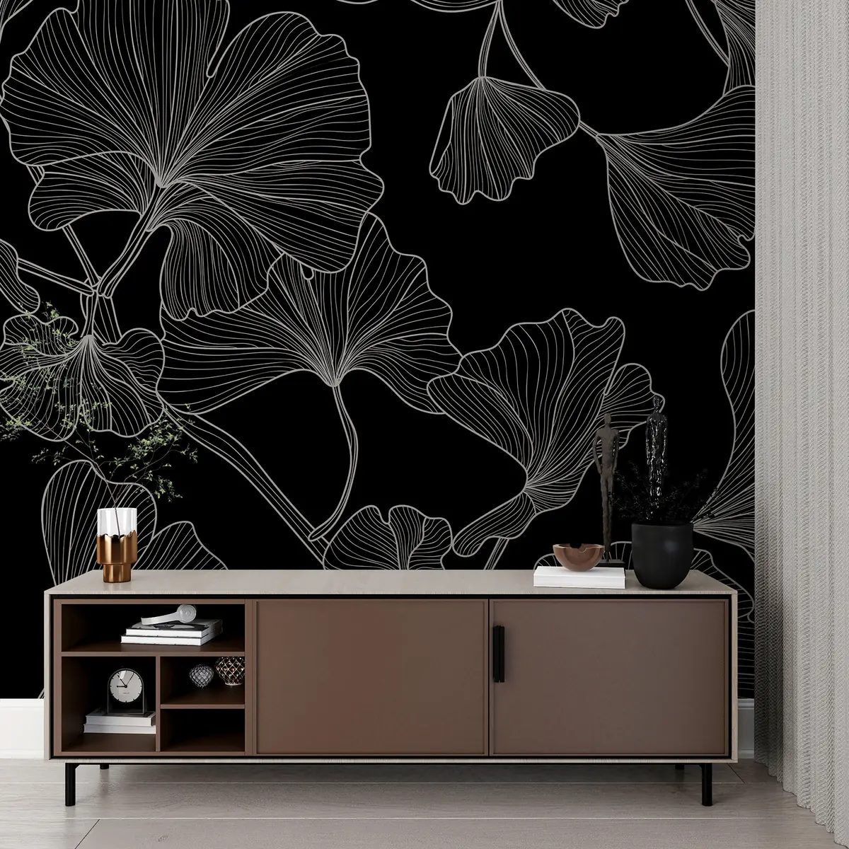 murales de pared Fondo negro de vid de Ginkgo w00328v1