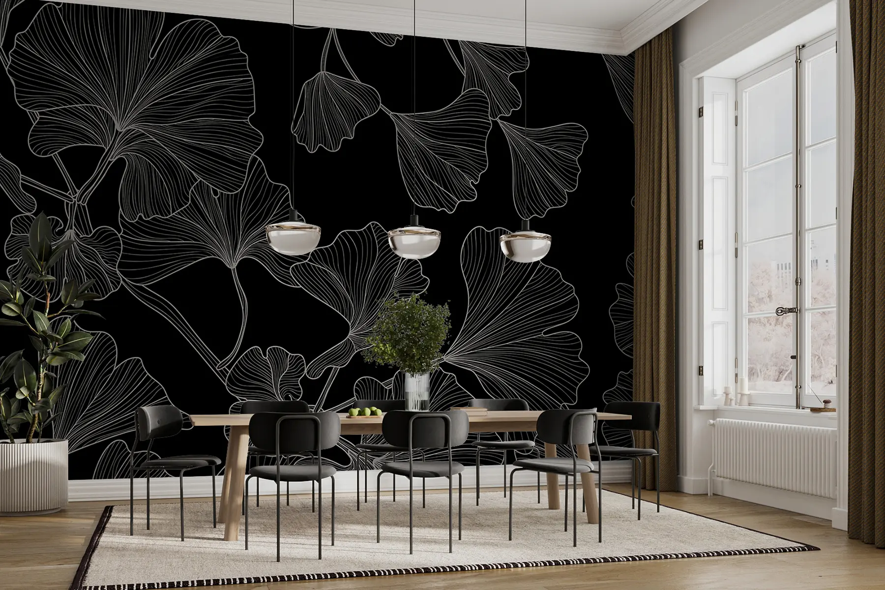 murales de pared Fondo negro de vid de Ginkgo w00328v1
