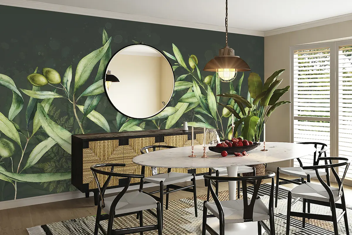 Murales de pared Ilustración de aceitunas, diseño floral, tropical, acuarela, hojas grandes, fondo oscuro  w00407v4 murales de pared Ilustración de aceitunas, diseño floral, tropical, acuarela, hojas grandes, fondo oscuro  w00407v4