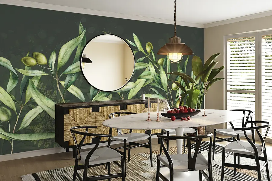 Murales de pared Ilustración de aceitunas, diseño floral, tropical, acuarela, hojas grandes, fondo oscuro  w00407v4 murales de pared Ilustración de aceitunas, diseño floral, tropical, acuarela, hojas grandes, fondo oscuro  w00407v4