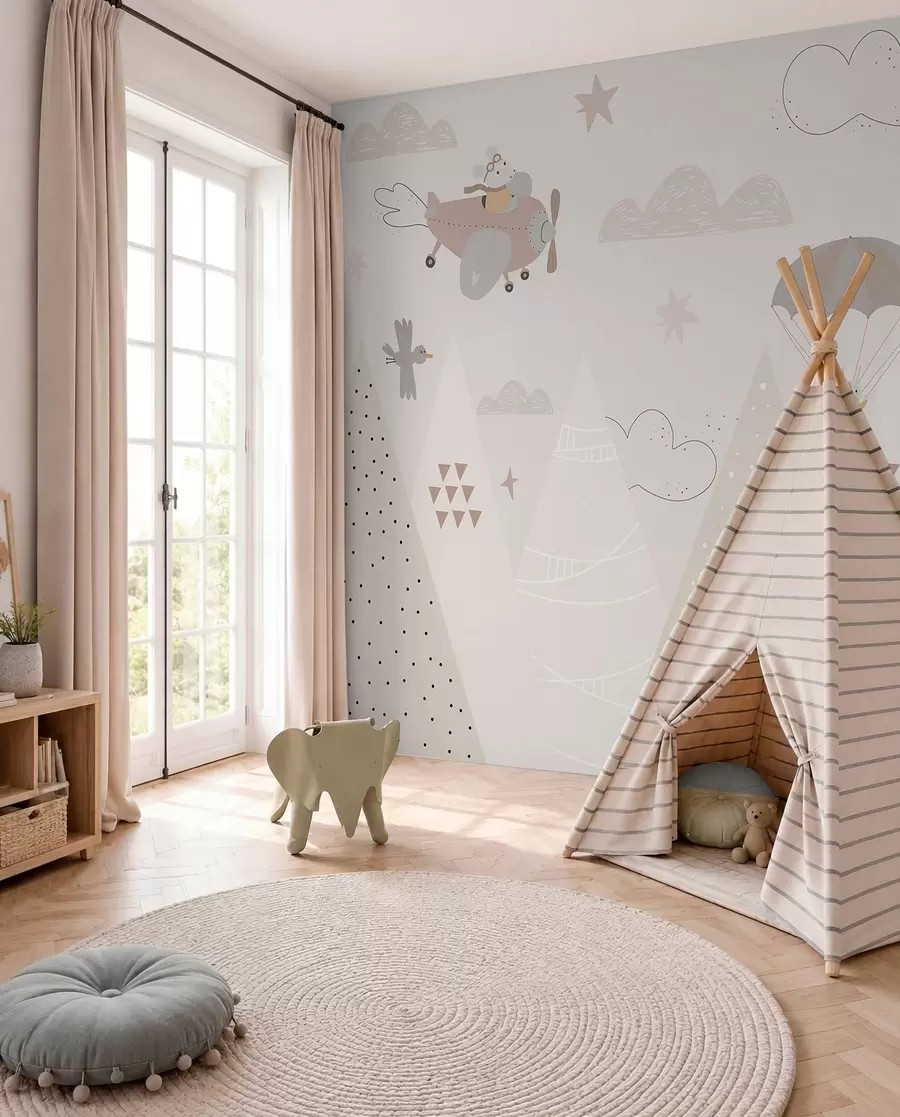 murales de pared Montañas beige con helicóptero, avión y animales w00414