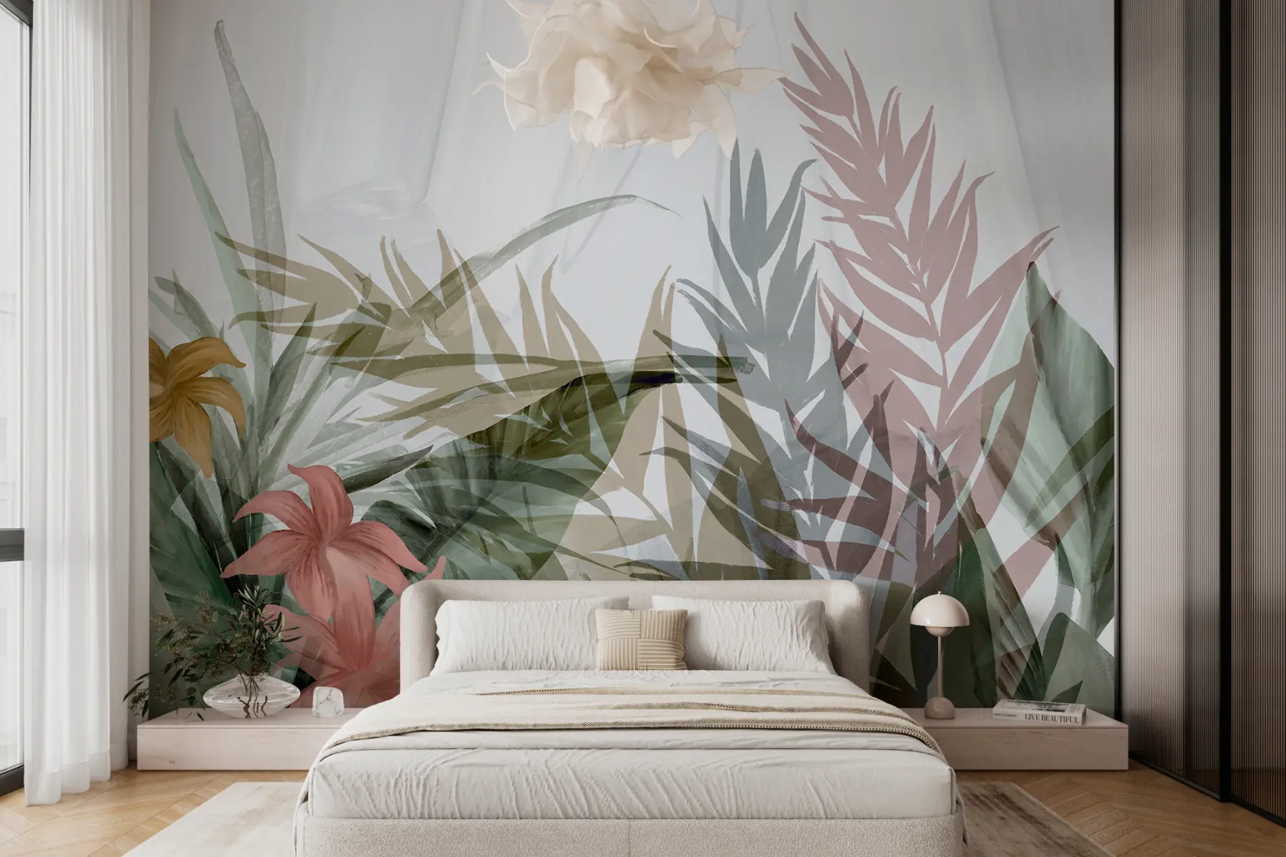 murales de pared Delicadas hojas y flores tropicales sobre un fondo blanco. w00423