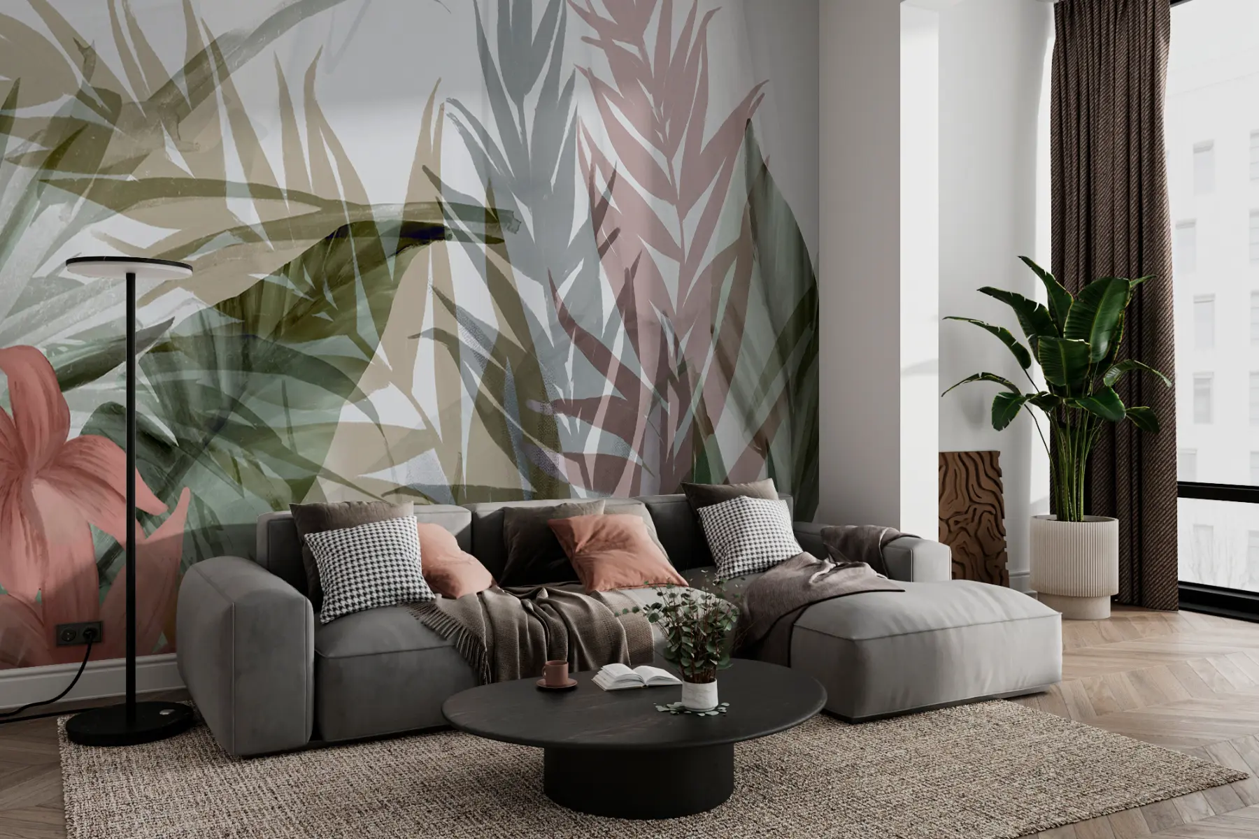 murales de pared Delicadas hojas y flores tropicales sobre un fondo blanco w00423