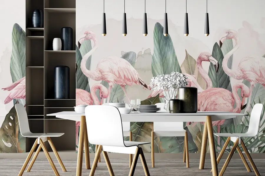 murales de pared Flamencos en hojas tropicales, acuarela, colores rosa y oliva. w00505v1