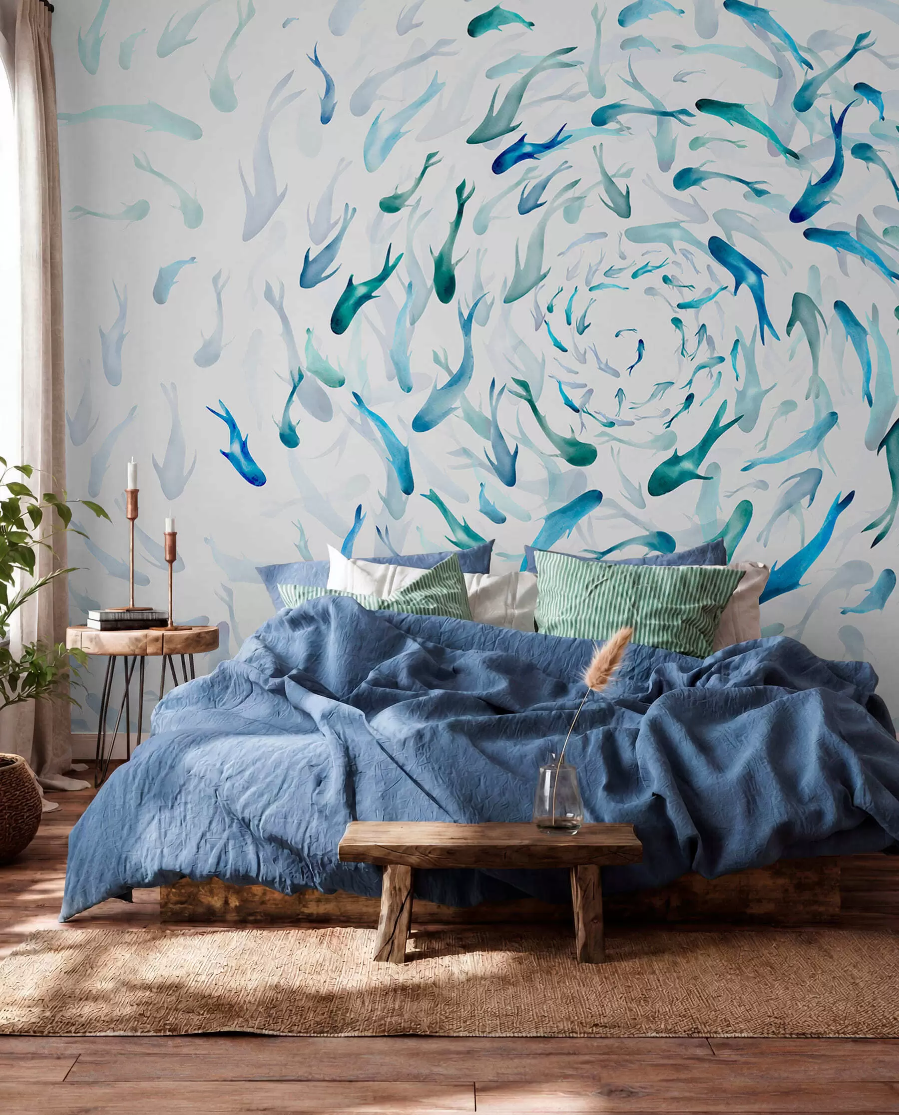 murales de pared Peces arremolinándose en una bañera de hidromasaje, danza de peces, acuarela, tiburón, composición abstracta, minimalismo, color azul, verde w00510