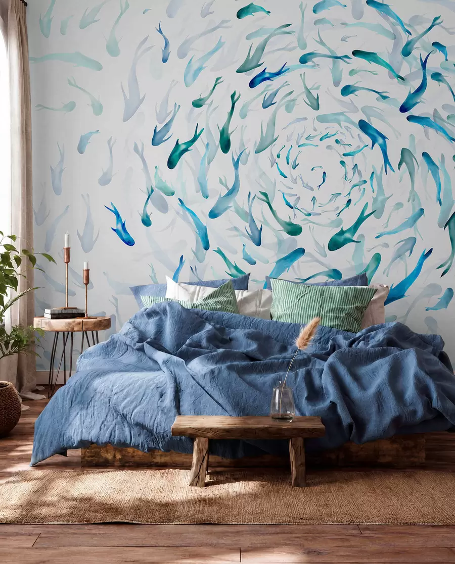 murales de pared Peces arremolinándose en una bañera de hidromasaje, danza de peces, acuarela, tiburón, composición abstracta, minimalismo, color azul, verde w00510