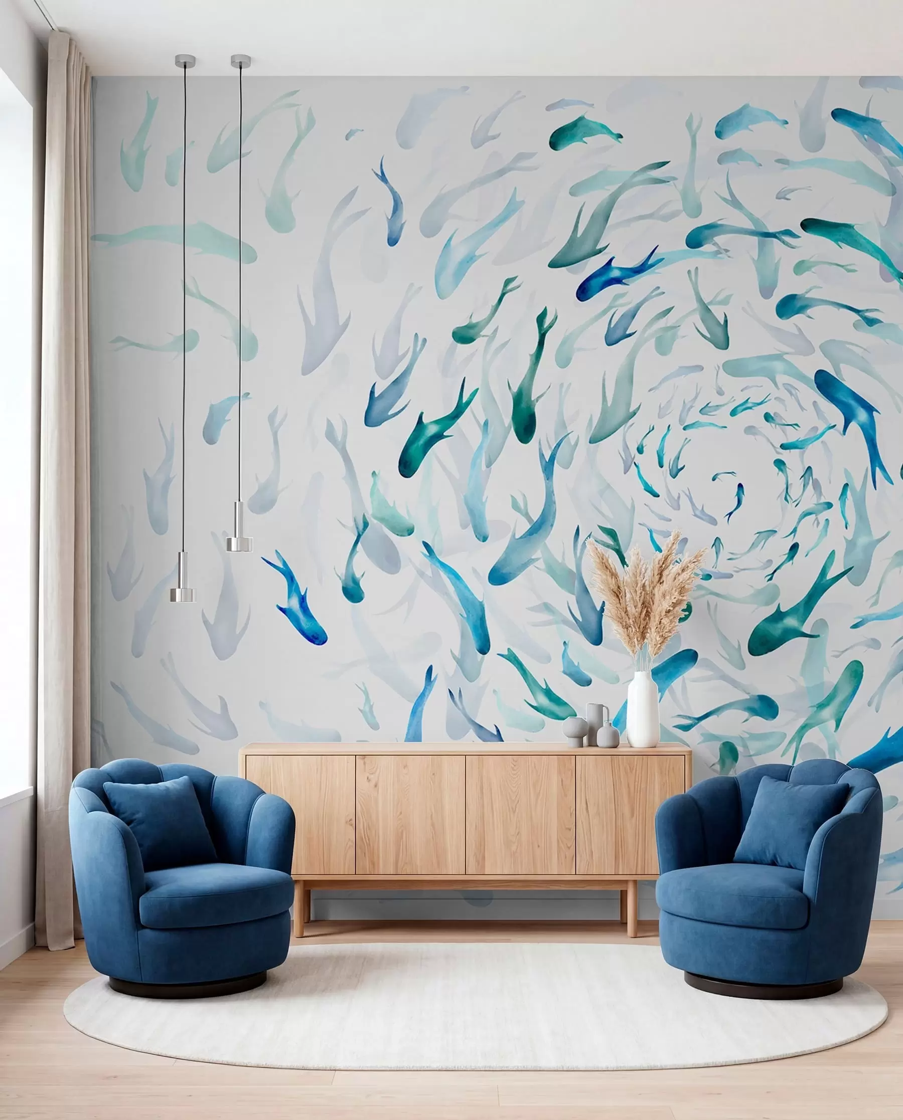 murales de pared Peces arremolinándose en una bañera de hidromasaje, danza de peces, acuarela, tiburón, composición abstracta, minimalismo, color azul, verde w00510