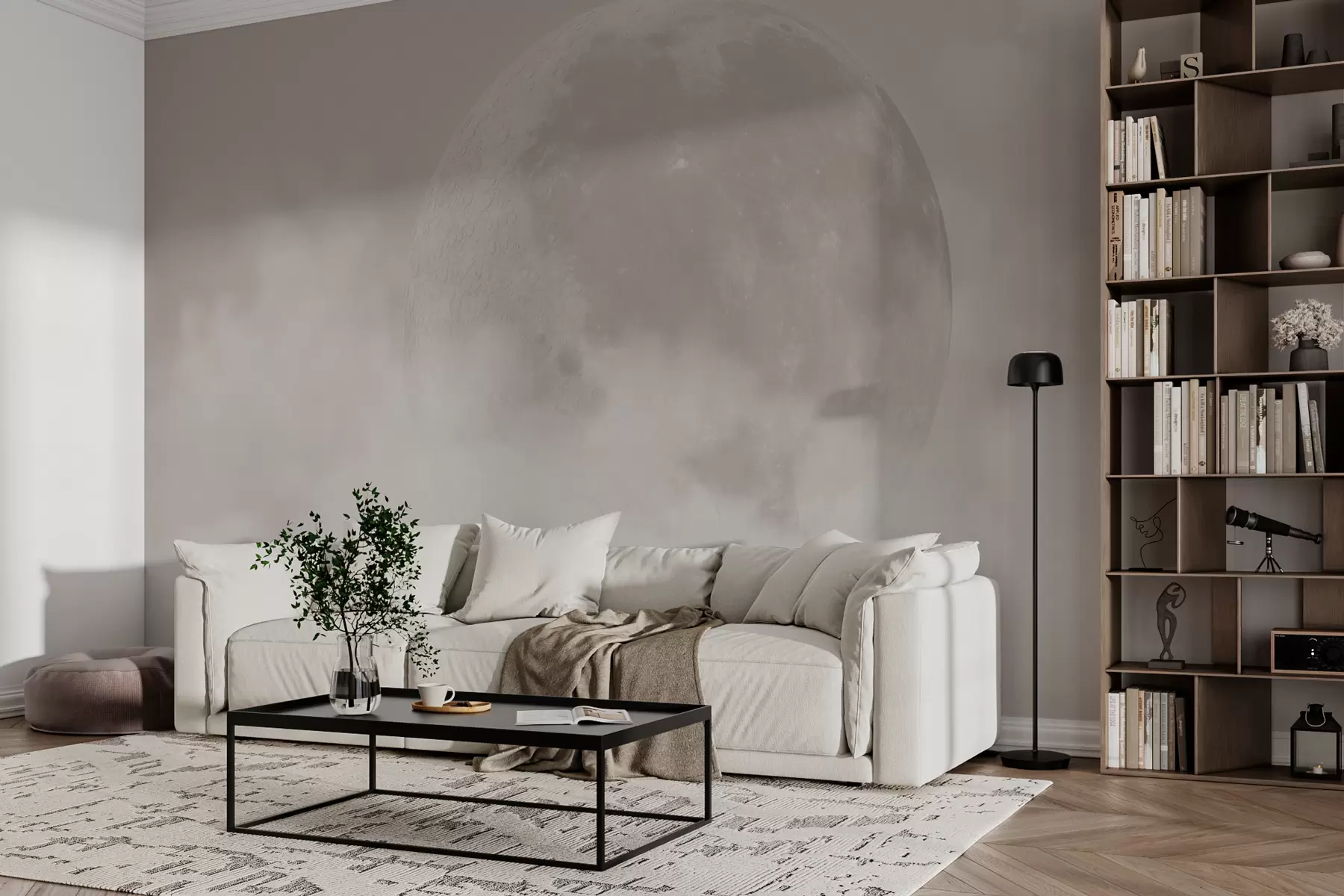 murales de pared Gran luna entre las nubes de color beige estilo loft w00548