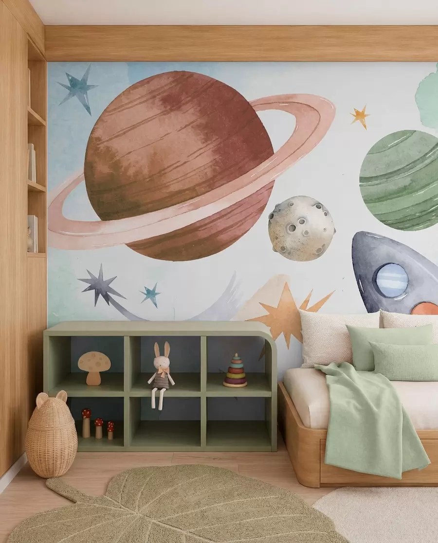 murales de pared Una colorida ilustración que representa varios planetas y acuarela espacial w00539