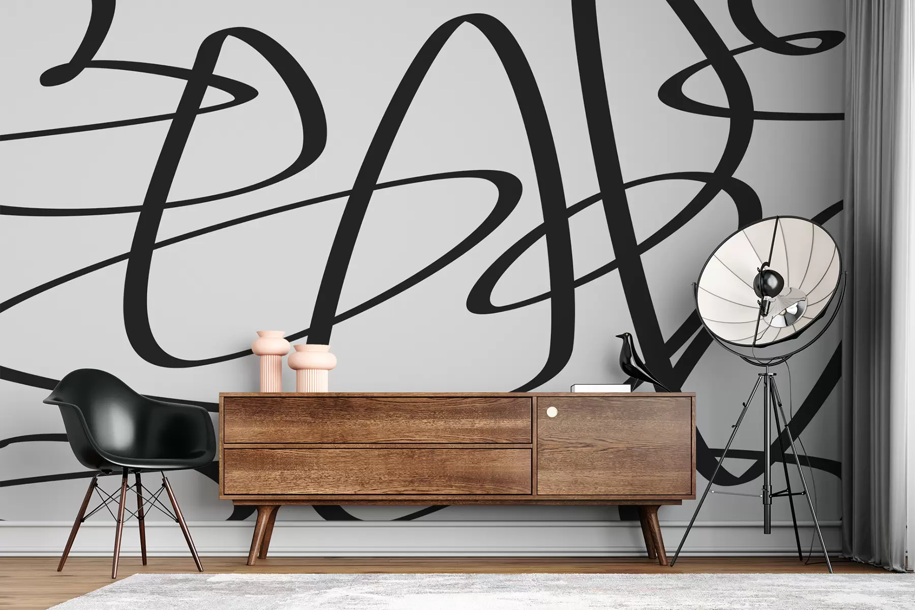 murales de pared Línea retorcida continua curva negra, tinta, resumen w00583